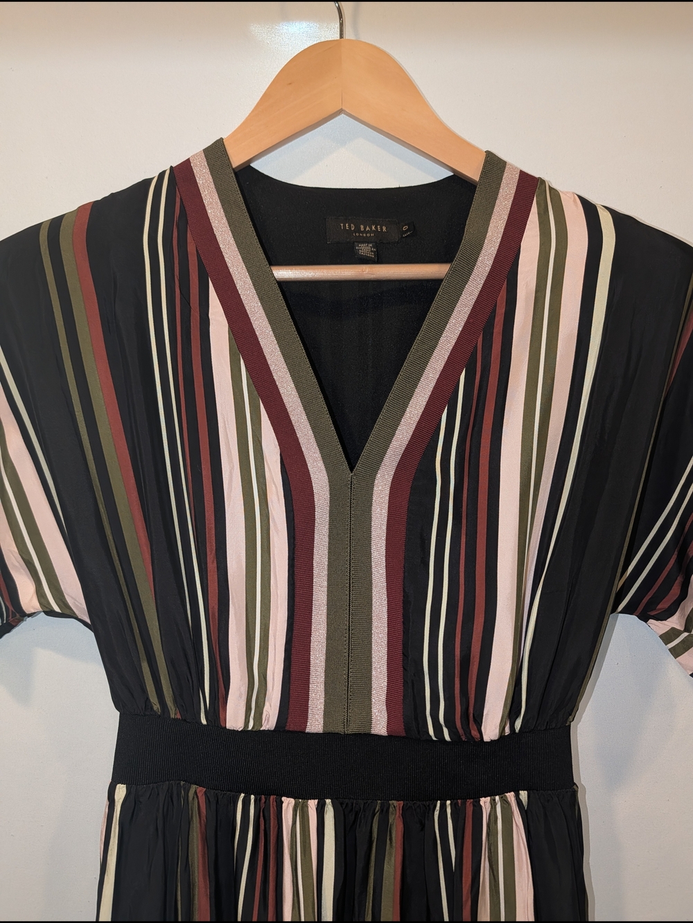 Ted Baker London Black‎ Midi Dress with Cream, Pink and Olive Stripes - Picture 2 of 11